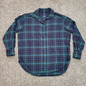 Gap Flannel Big Shirt Top Blue Green White Plaid Oversized Cotton Size Small